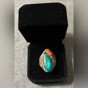 Turquoise and Orange Stone Sterling-Style Statement Ring